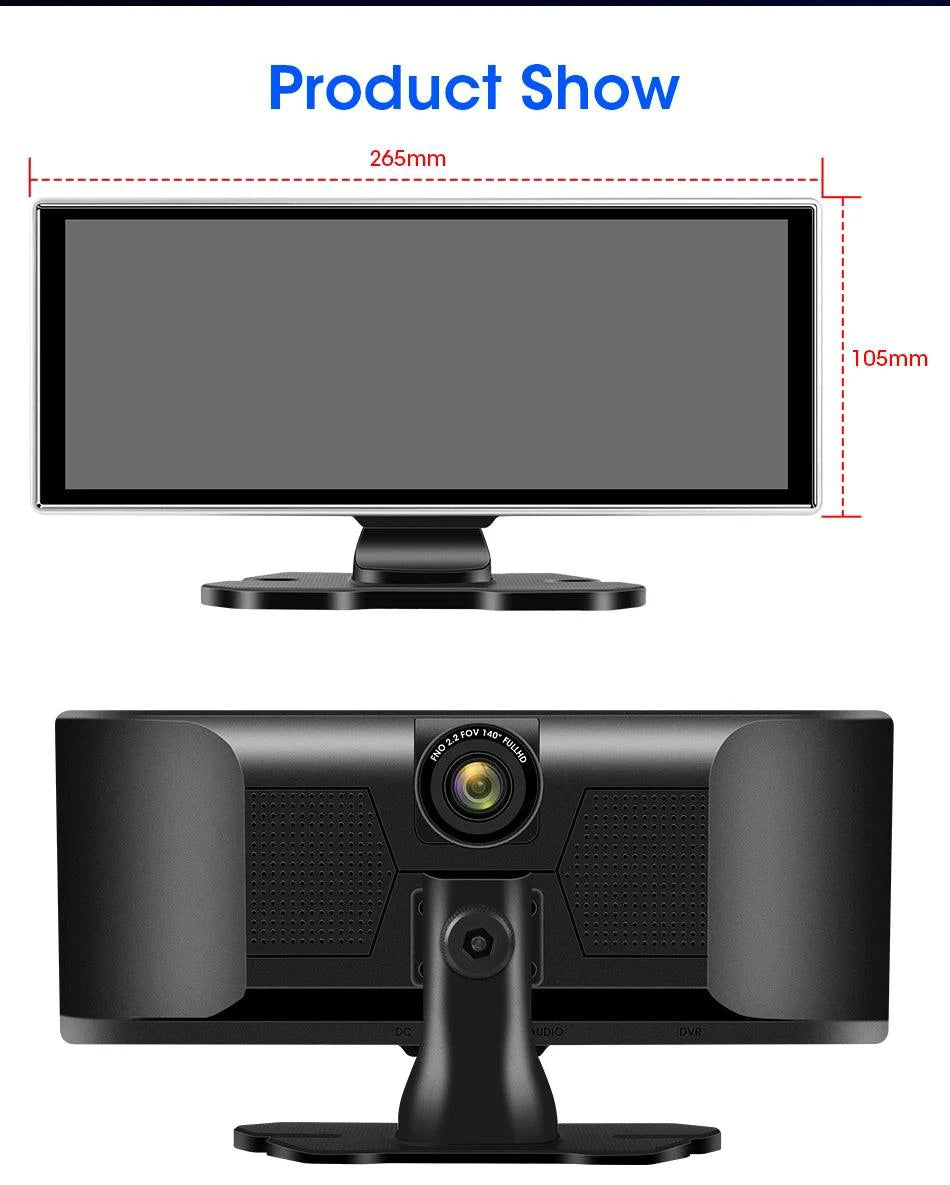 Mandotos 11.26-inch 4K Car DVR dash cam with dual lenses, wireless, GPS, 5G Wi-Fi, and touch screen for vehicle recording.