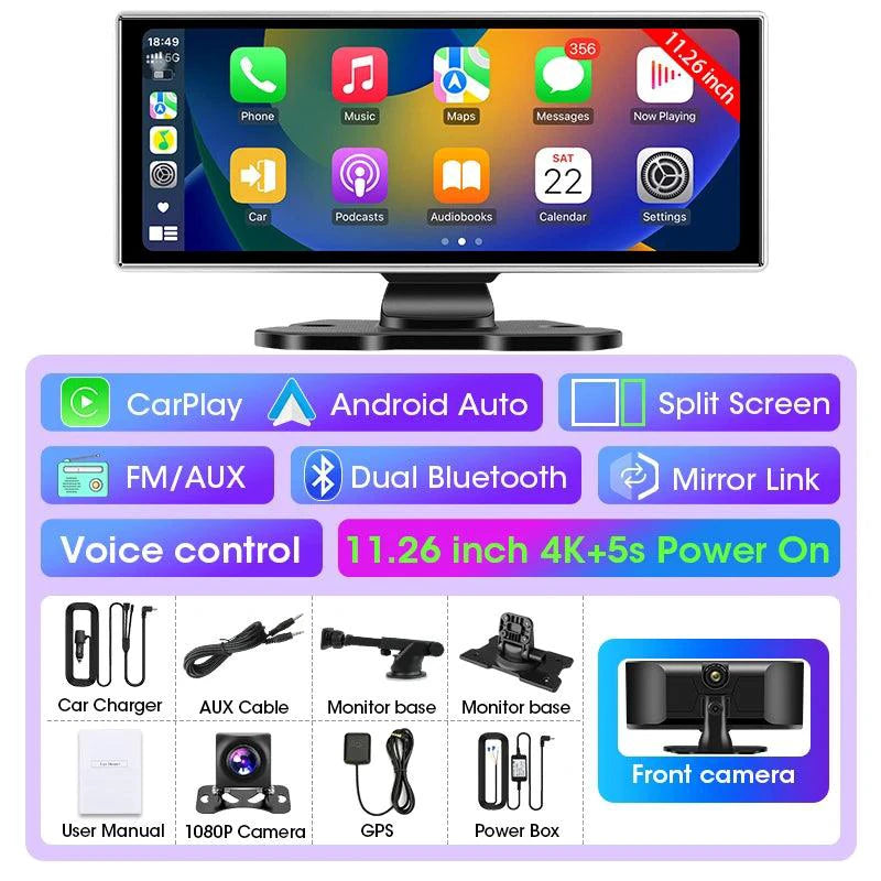 Mandotos 11.26-inch 4K Car DVR dash cam with dual lenses, wireless connection, GPS, 5G Wi-Fi, and video recording features.