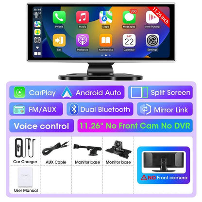 Mandotos 11.26-inch 4K dual lens car DVR dash cam with wireless connectivity, GPS, and touchscreen monitor for vehicle recording.