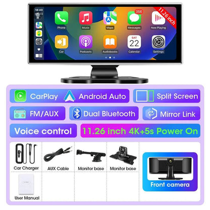 Mandotos 11.26-inch 4K Car DVR dash cam with dual lenses, wireless connectivity, GPS, and large screen for vehicle recording.