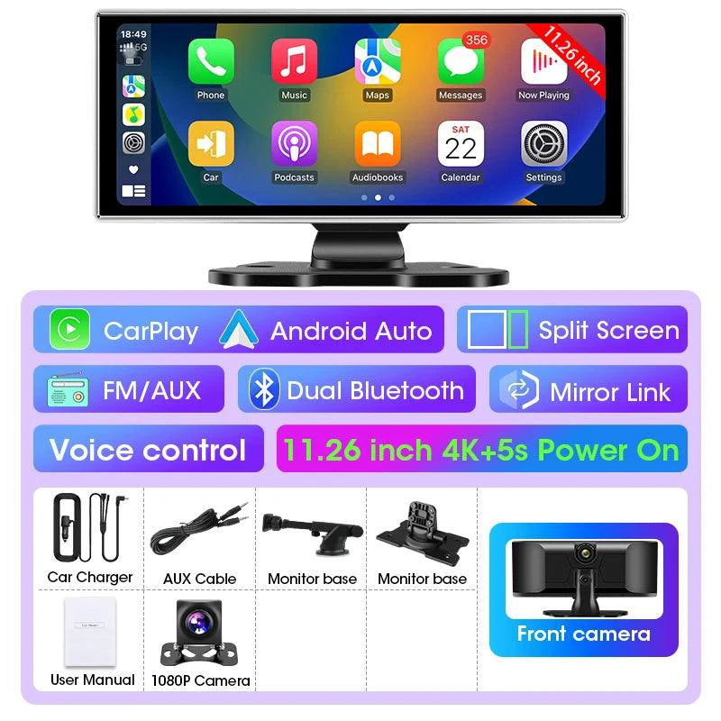 Mandotos 11.26-inch 4K Car DVR dash cam with dual lenses, wireless, GPS, 5G WiFi, and video recording for vehicles.