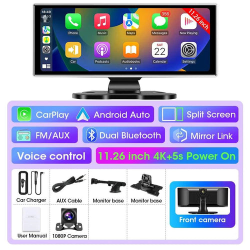 Mandotos 11.26-inch 4K Car DVR dash cam with dual lenses, wireless, GPS, 5G WiFi, and video recording for vehicles.