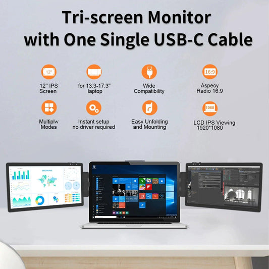 Mandotos 12-inch laptop dual monitor extender with 1920x1080 HD IPS LCD display for MacBook and Huawei laptops.