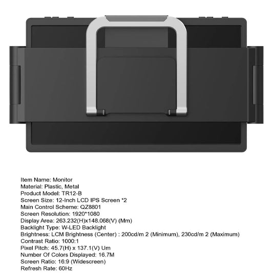 MANDOTOS 12-inch dual monitor extender for laptops, HD IPS LCD screen, compatible with MacBook and Huawei laptops.
