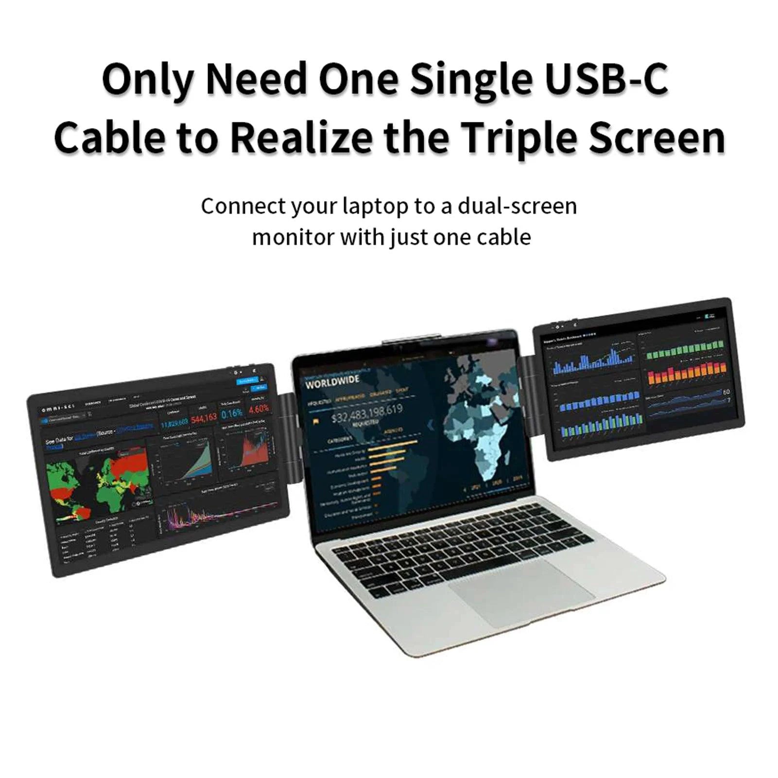 Mandotos 12-inch dual monitor extender for laptops with 1920x1080 HD IPS LCD screens, compatible with MacBook and Huawei laptops.
