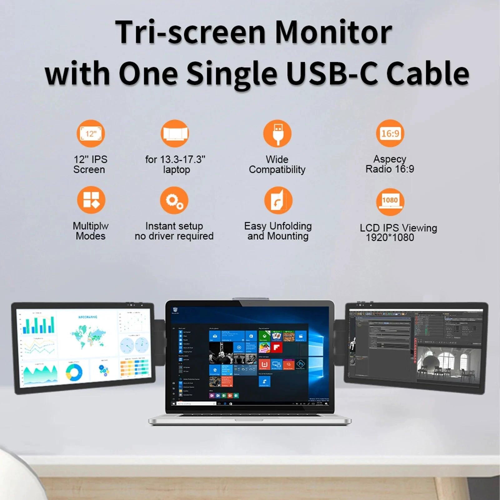 Mandotos 12-inch dual monitor extender with 1920x1080 HD IPS LCD screen for MacBook and Huawei laptops.