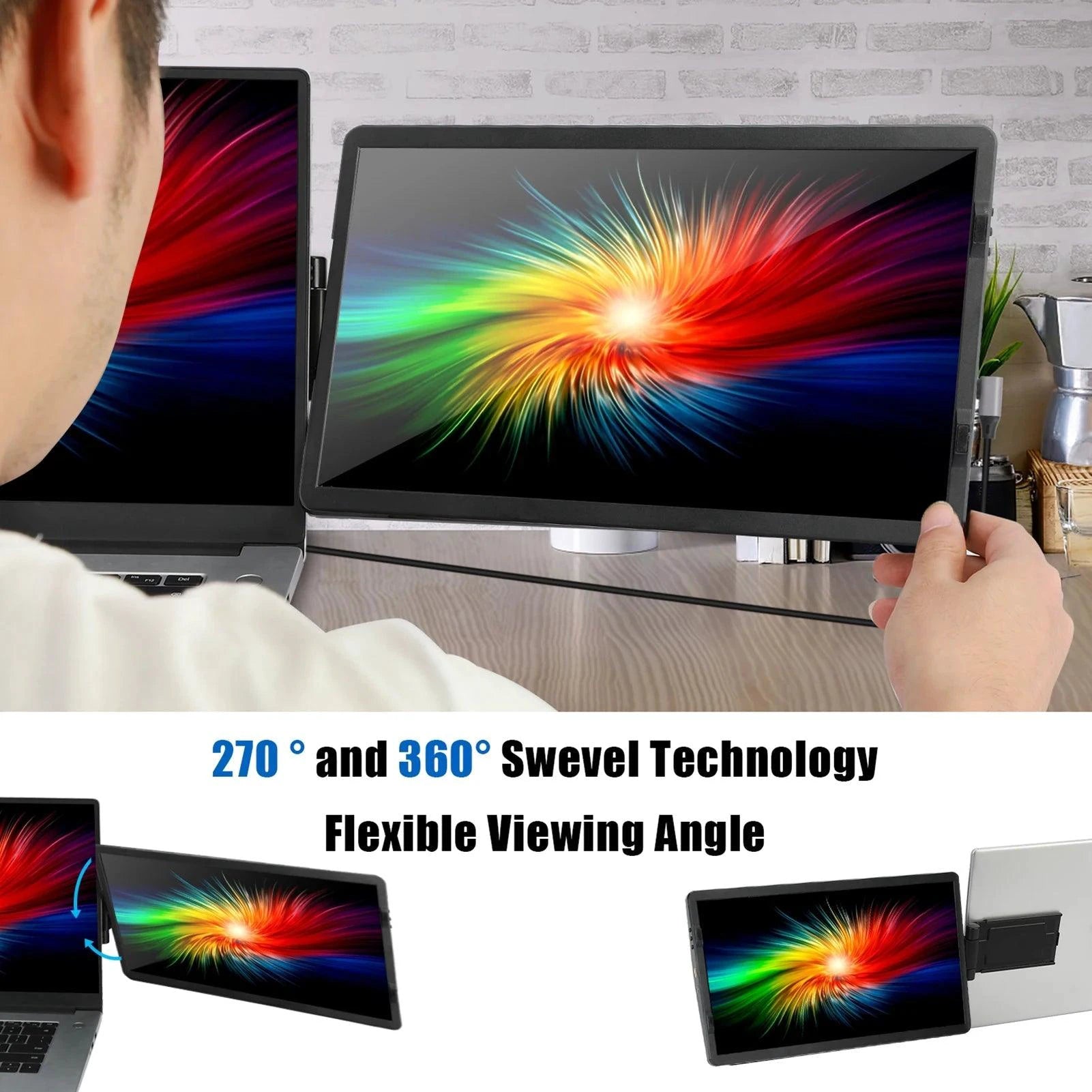 Mandotos 12-inch HD IPS LCD dual monitor extender for laptops, compatible with MacBook and Huawei, with 1920x1080 resolution.