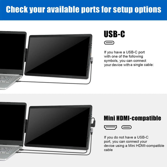 MANDOTOS 12-inch dual monitor extender with 1920x1080 HD IPS LCD screens for MacBook and Huawei laptops.