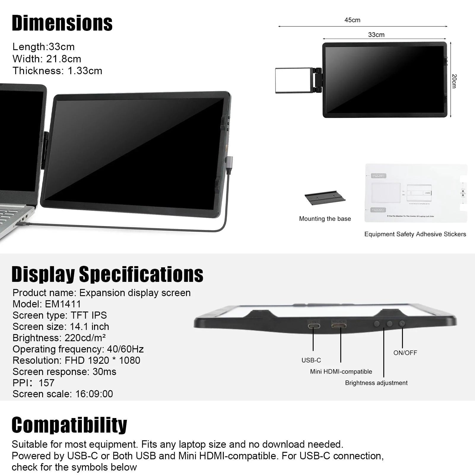 MANDOTOS 12-inch HD IPS LCD dual monitor screen extender for laptops, compatible with MacBook and Huawei, featuring 1920x1080 resolution.
