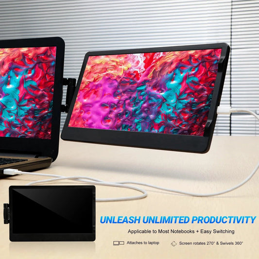 Mandotos 12-inch dual monitor extender with 1920x1080 HD IPS LCD screen for MacBook and Huawei laptops.