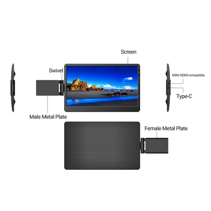 Mandotos 12-inch HD IPS LCD dual monitor extender for laptops, compatible with MacBook and Huawei, with 1920x1080 resolution.