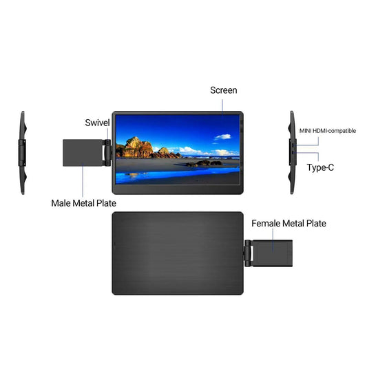 Mandotos 12-inch HD IPS LCD dual monitor extender for laptops, compatible with MacBook and Huawei, with 1920x1080 resolution.