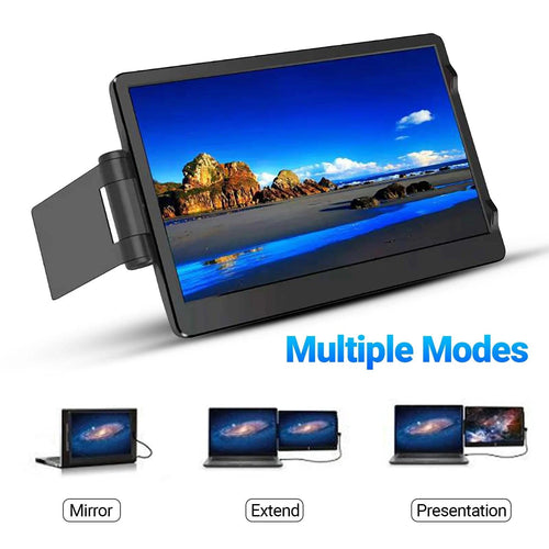 Mandotos 12-inch HD IPS LCD dual monitor extender for laptops, compatible with MacBook and Huawei, displaying dual screens.