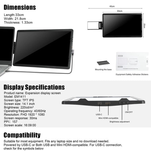 Mandotos 12-inch laptop dual monitor extender with 1920x1080 HD IPS LCD screen for MacBook and Huawei laptops.