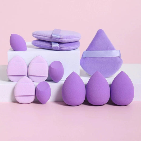 Mandotos 12-piece all-purpose makeup sponge set with loose powder puffs, mini beauty eggs, and air cushion sponges for flawless application.