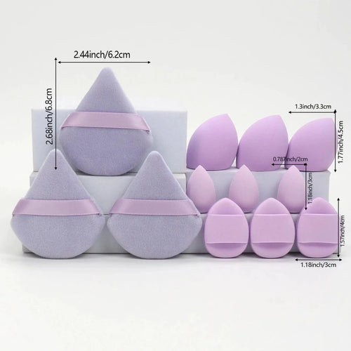 Mandotos 12-piece all-purpose makeup sponge set with loose powder puffs, mini beauty eggs, and air cushion sponges for flawless application.