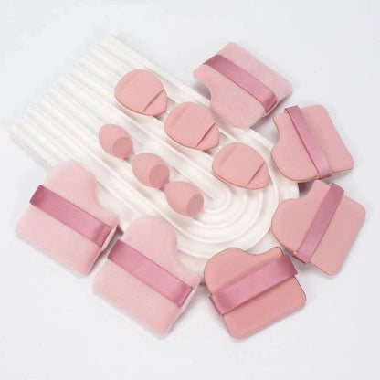 Mandotos 12-piece all-purpose makeup sponge set with loose powder puffs, mini air cushion sponges, and beauty eggs for flawless application.