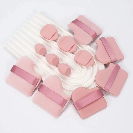 Mandotos 12-piece all-purpose makeup sponge set with loose powder puffs, mini air cushion sponges, and beauty eggs for flawless application.