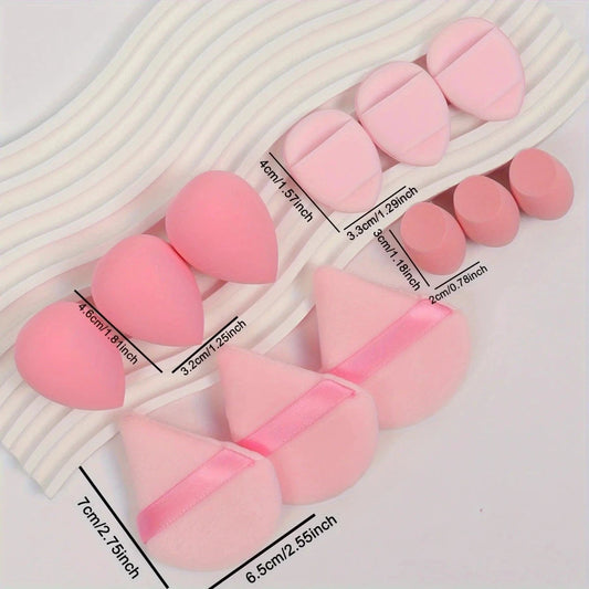 Mandotos 12-piece all-purpose makeup sponge set includes beauty blenders, loose powder puffs, and mini air cushion sponges for flawless application.