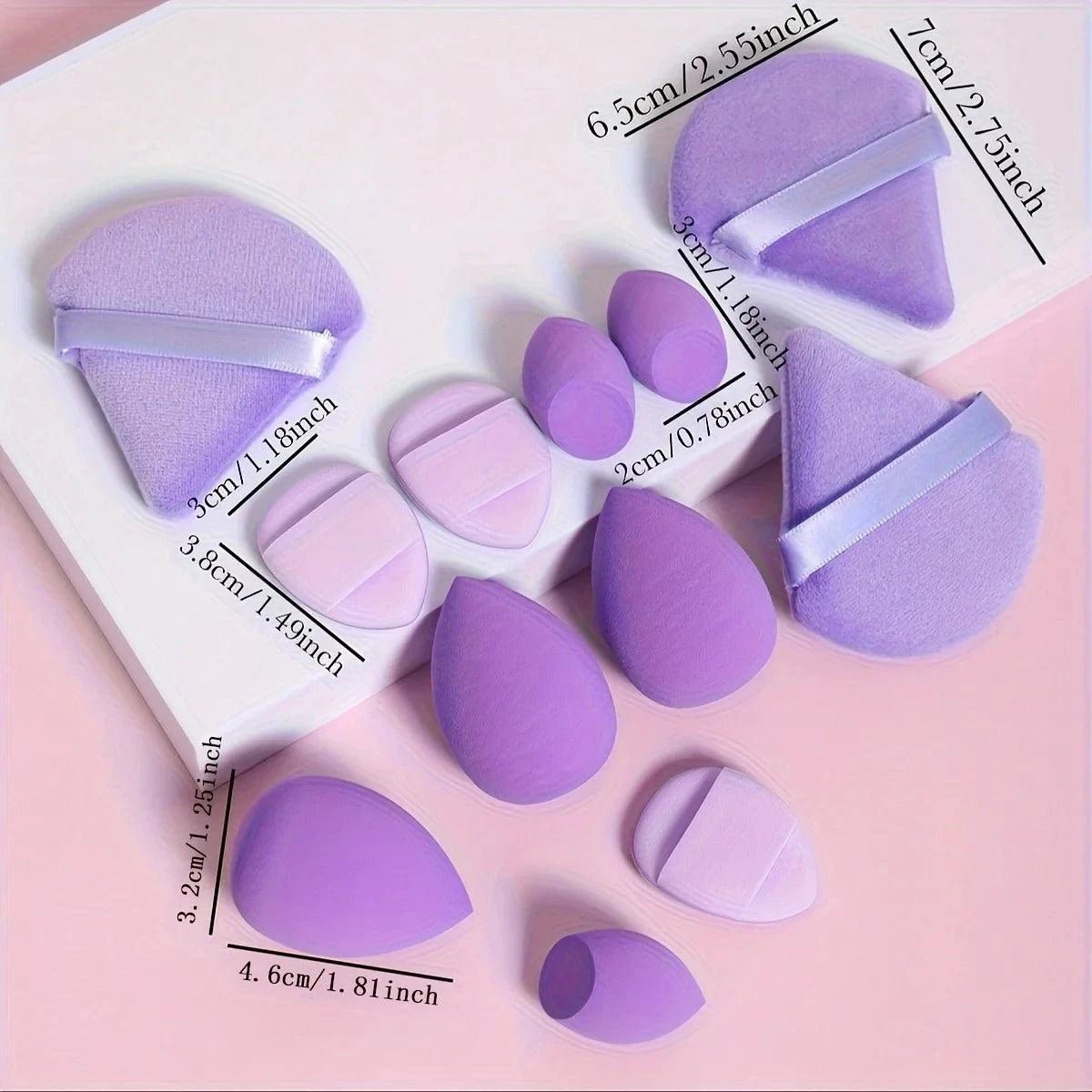 Mandotos 12-piece all-purpose makeup sponge set with loose powder puffs, mini air cushion puffs, beauty eggs, and mini sponges.