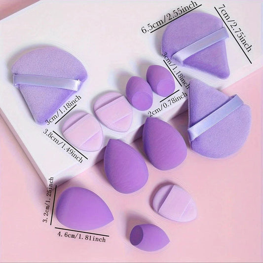 Mandotos 12-piece all-purpose makeup sponge set with loose powder puffs, mini air cushion puffs, beauty eggs, and mini sponges.
