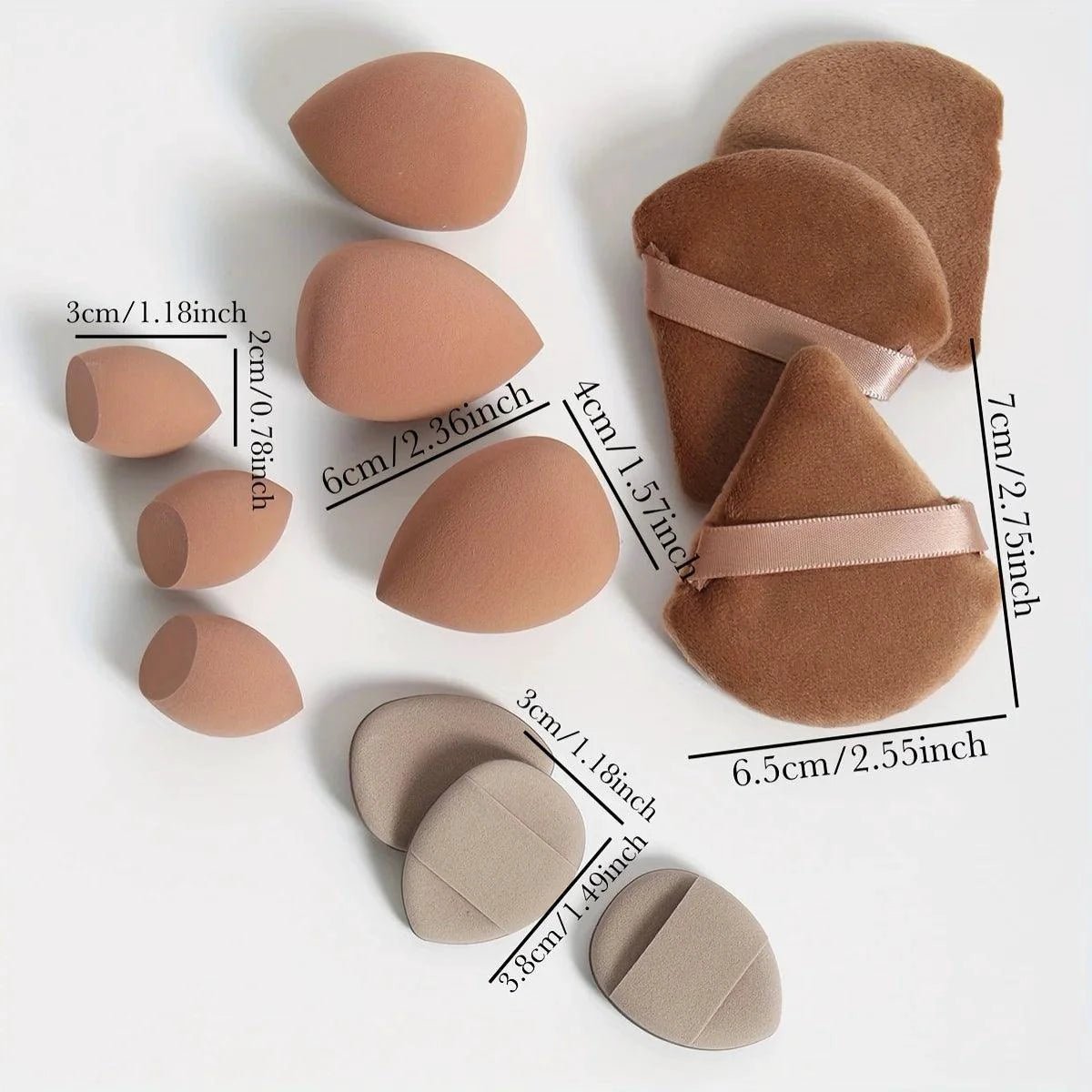 Mandotos 12-piece all-purpose makeup sponge set with loose powder puffs, beauty eggs, mini air cushion sponges, and mini beauty sponges.