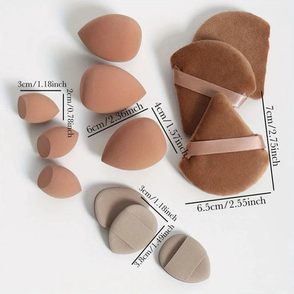 Mandotos 12-piece all-purpose makeup sponge set with loose powder puffs, beauty eggs, mini air cushion sponges, and mini beauty sponges.