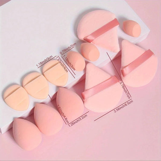 Mandotos 12-piece all-purpose makeup sponge set with loose powder puffs, beauty eggs, mini air cushion and sponge applicators.