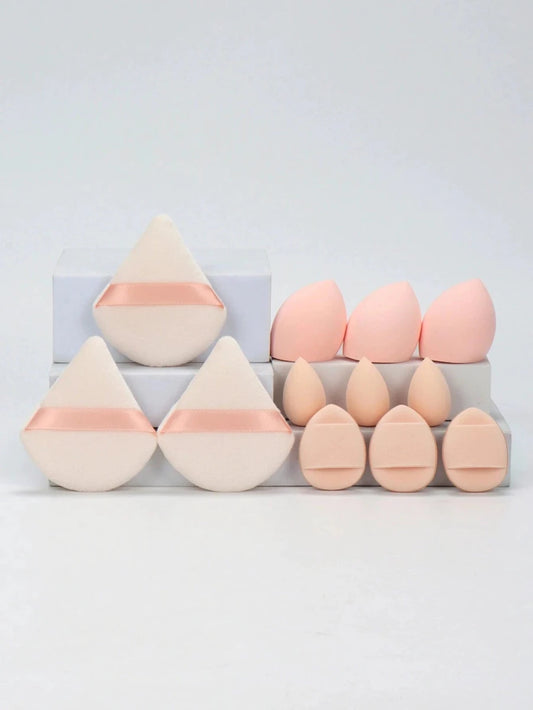 Mandotos 12-piece all-purpose makeup sponge set with loose powder puffs, mini air cushion sponges, beauty eggs, and mini sponges.