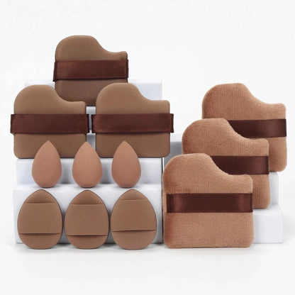 Mandotos 12-piece all-purpose makeup sponge set with loose powder puffs, mini air cushion sponges, beauty eggs, and mini sponges.