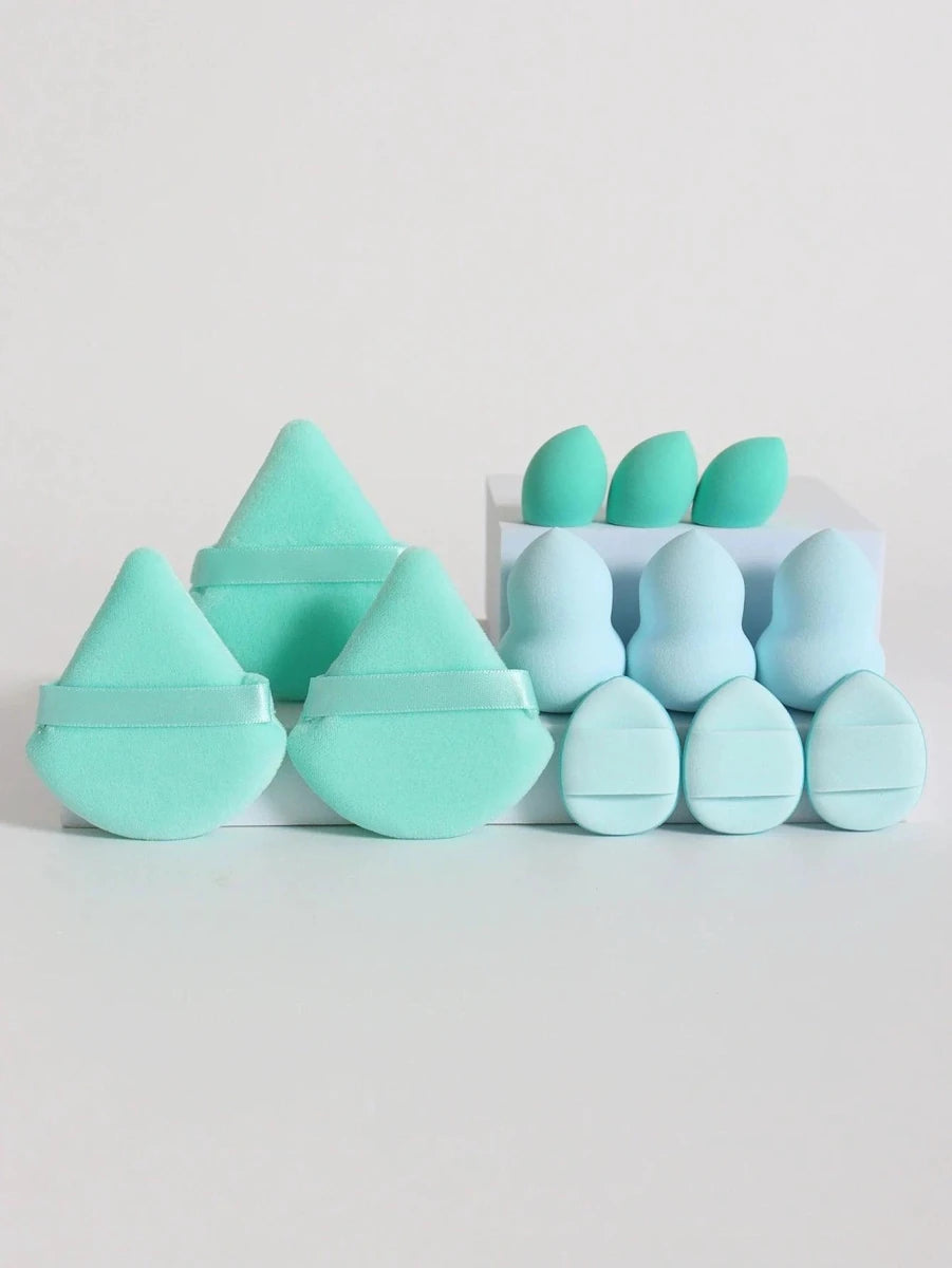 Mandotos 12-piece all-purpose makeup sponge set with loose powder puffs, mini air cushion sponges, and beauty eggs for flawless application