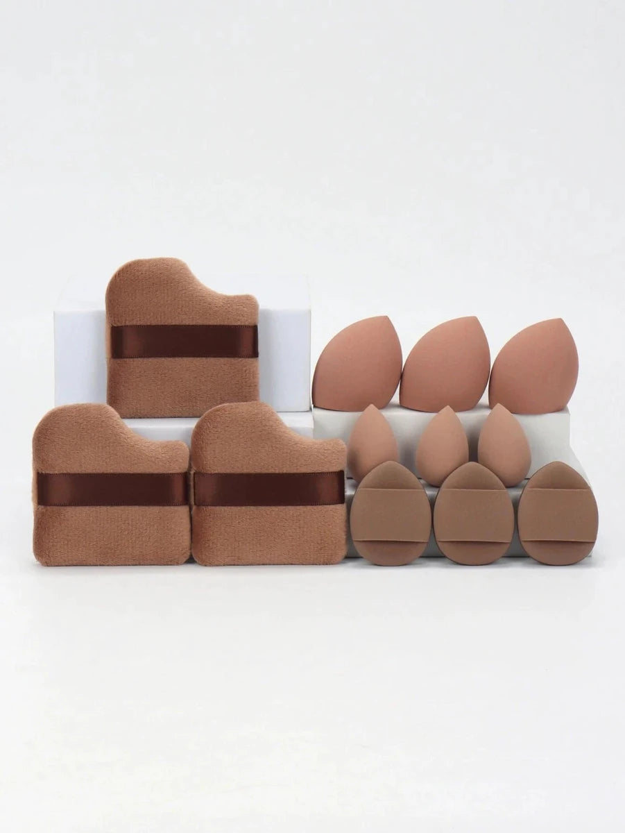 Mandotos 12-piece all-purpose makeup sponge set with loose powder puffs, mini beauty eggs, and air cushion sponges for flawless application.