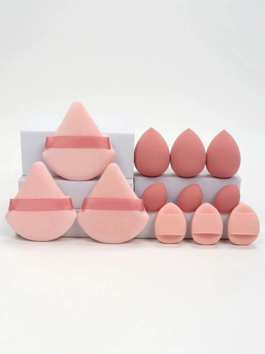 Mandotos 12-piece all-purpose makeup sponge set with loose powder puffs, mini air cushion sponges, and beauty eggs for flawless makeup application.