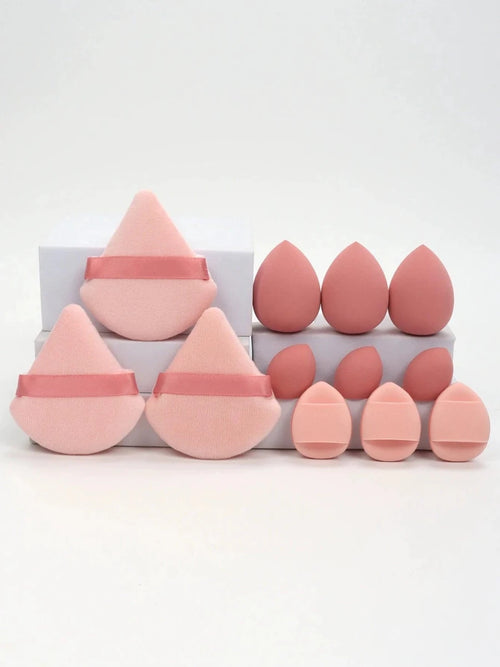 Mandotos 12-piece all-purpose makeup sponge set with loose powder puffs, mini air cushion sponges, and beauty eggs for flawless makeup application.