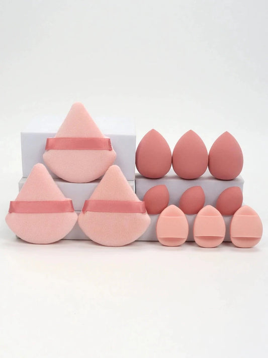 Mandotos 12-piece all-purpose makeup sponge set with loose powder puffs, mini air cushion sponges, and beauty eggs for flawless makeup application.