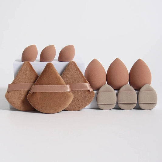Mandotos 12-piece all-purpose makeup sponge set with loose powder puffs, beauty eggs, mini air cushions, and sponges for flawless application.