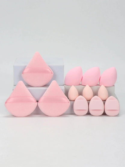 Mandotos 12-piece all-purpose makeup sponge set with loose powder, including beauty eggs, mini cushions, and puffs for flawless application.