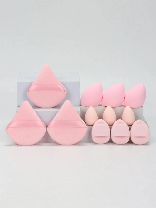 Mandotos 12-piece all-purpose makeup sponge set with loose powder, including beauty eggs, mini cushions, and puffs for flawless application.