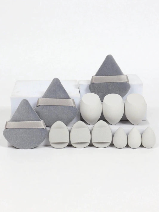Mandotos 12-piece all-purpose makeup sponge set with loose powder puffs, mini beauty eggs, and cushion sponges for flawless application.