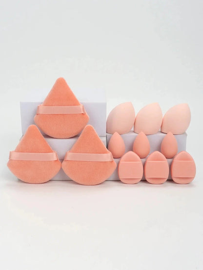 Mandotos 12-piece all-purpose makeup sponge set with loose powder puffs, mini beauty eggs, air cushions, and sponges for flawless application.