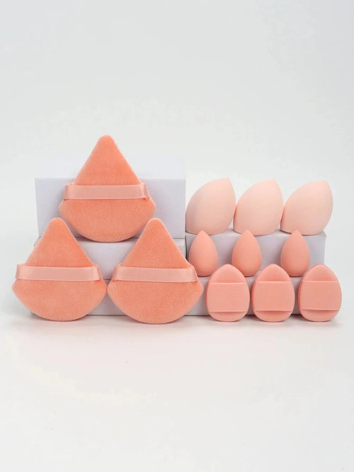 Mandotos 12-piece all-purpose makeup sponge set with loose powder puffs, mini beauty eggs, air cushions, and sponges for flawless application.