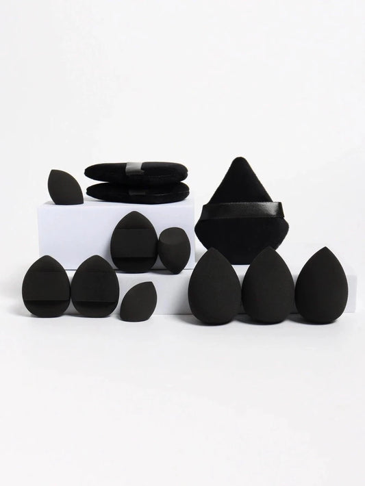 Mandotos 12-piece all-purpose makeup sponge set with loose powder puffs, mini beauty sponges, and air cushion puffs.