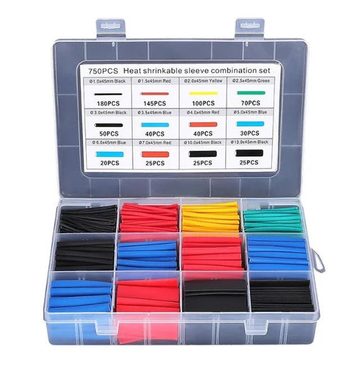 Mandotos heat-shrink tubing kit with 750 thermoresistant sleeves for electrical wire insulation and cable wrapping.