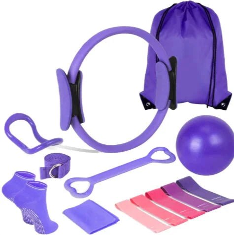 Mandotos 13-piece yoga and Pilates set includes mats, blocks, straps, and accessories for exercise and stretching routines.