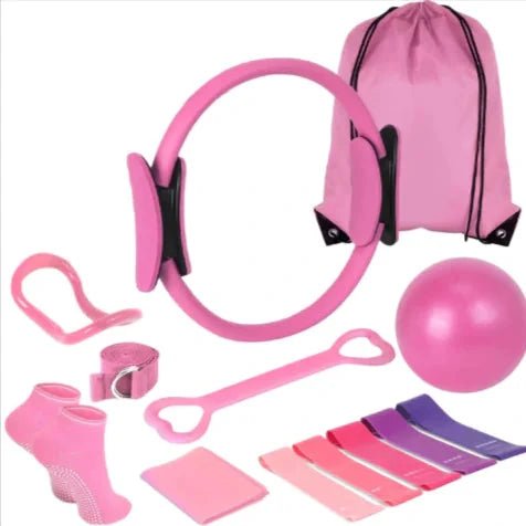 Mandotos 13-piece yoga and Pilates set with mats, blocks, straps, and resistance bands on white background