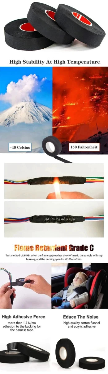 Mandotos 15-meter heat-resistant flame-retardant cloth tape for car cable harness wiring loom protection, adhesive and durable.