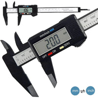 Mandotos 150mm and 100mm electronic digital caliper with carbon fiber body, dial, vernier scale, and digital measurement display.