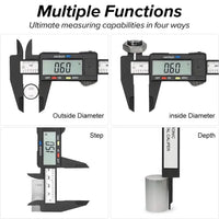 Mandotos 150mm 100mm digital caliper with carbon fiber body, dial, and vernier scale for precise measurement of tools and parts.