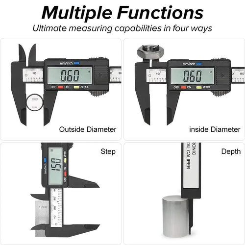 Mandotos 150mm 100mm digital caliper with carbon fiber body, dial, and vernier scale for precise measurement of tools and parts.