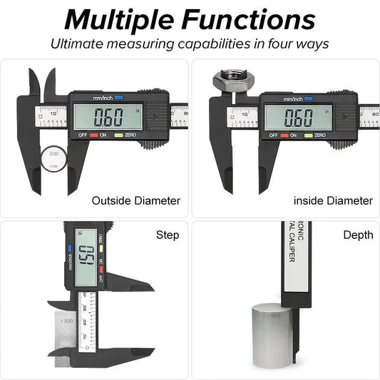 Mandotos 150mm 100mm digital caliper with carbon fiber body, dial, and vernier scale for precise measurement of tools and parts.